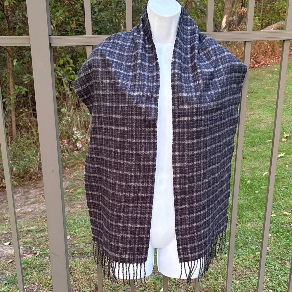 V Fraas Cashmink Made in Germany Navy Blue Plaid Scarf